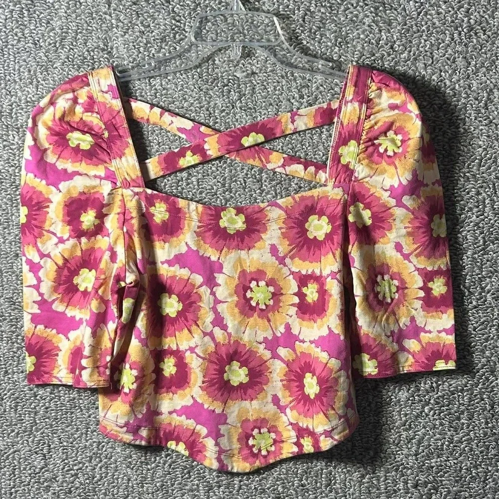 Free People Floral Crop‎ Top Pink Yellow Cross Back Puff Sleeve Womens Large